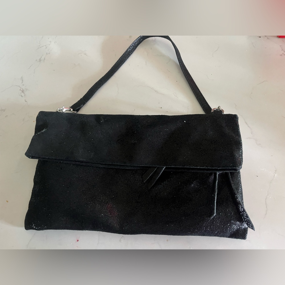 Gianni Chiarini Italy Black Sparkling Suede Fold-over Bag Clutch